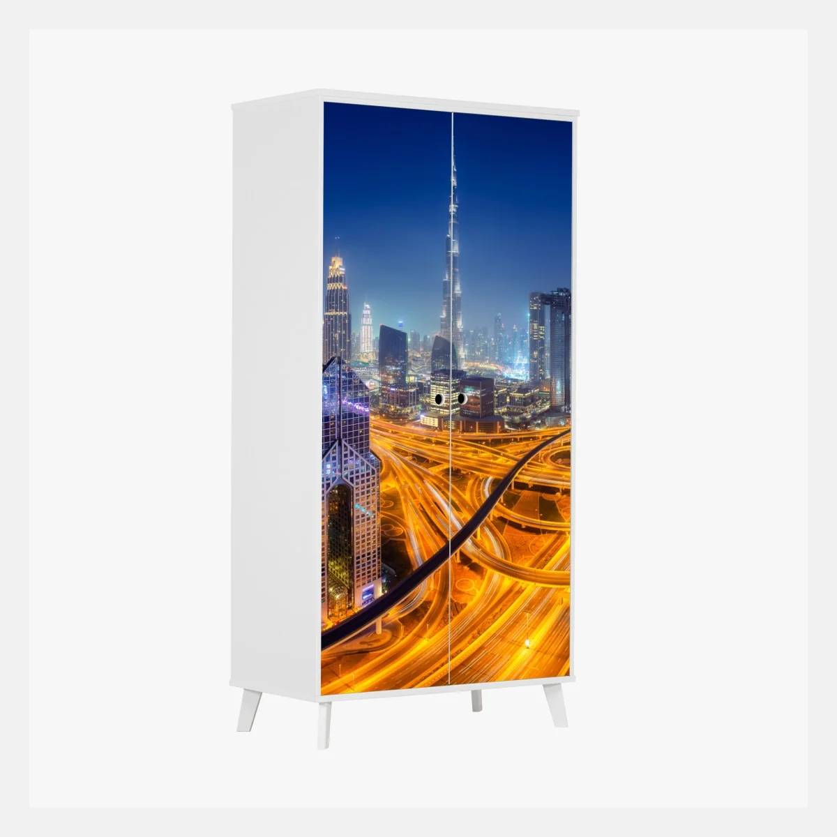 Naklejka na szafę panorama nocnego Dubaju – Wallissimo® Naklejka na szafę panorama nocnego Dubaju – Wallissimo®