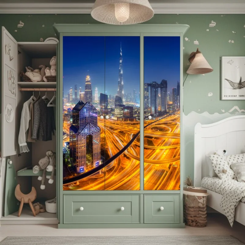 Naklejka na szafę pionowa miejska symetria w monochromie – Wallissimo®