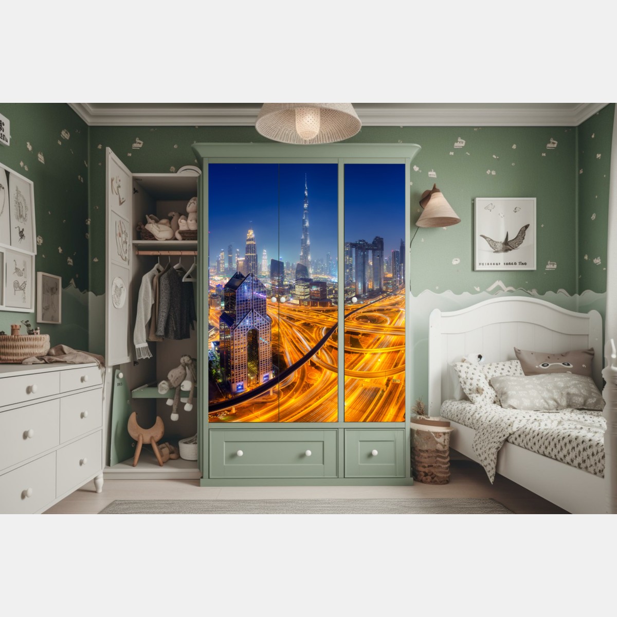 Naklejka na szafę panorama nocnego Dubaju – Wallissimo® Naklejka na szafę panorama nocnego Dubaju – Wallissimo®