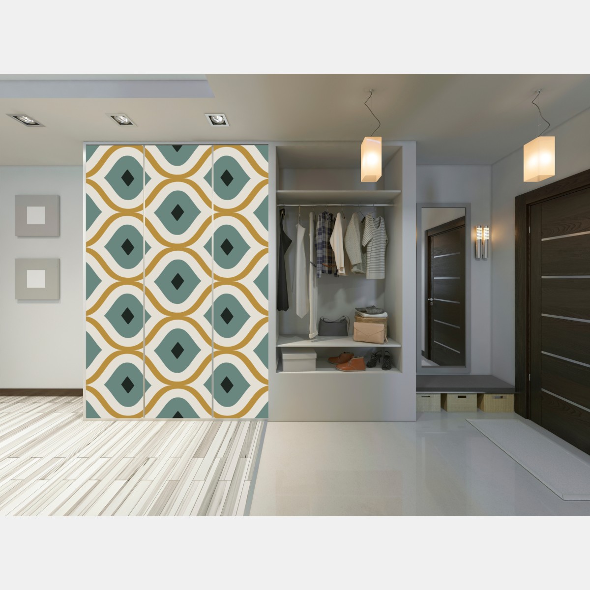 Naklejka na szafę niebiesko-złoty geometryczny ornament – Wallissimo® Naklejka na szafę niebiesko-złoty geometryczny ornament – Wallissimo®