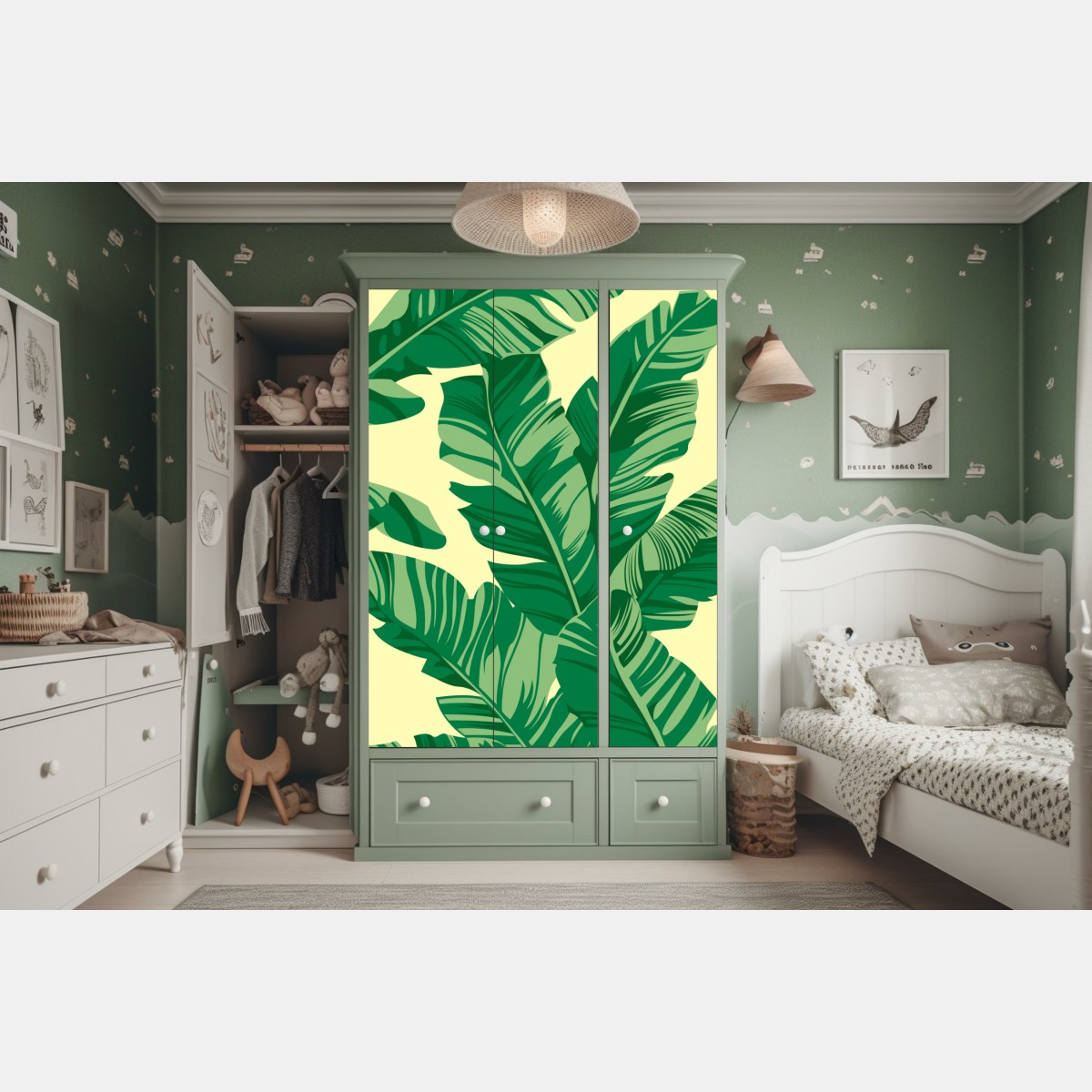 Naklejka na szafę wzór liści bananowca – Wallissimo® Naklejka na szafę wzór liści bananowca – Wallissimo®