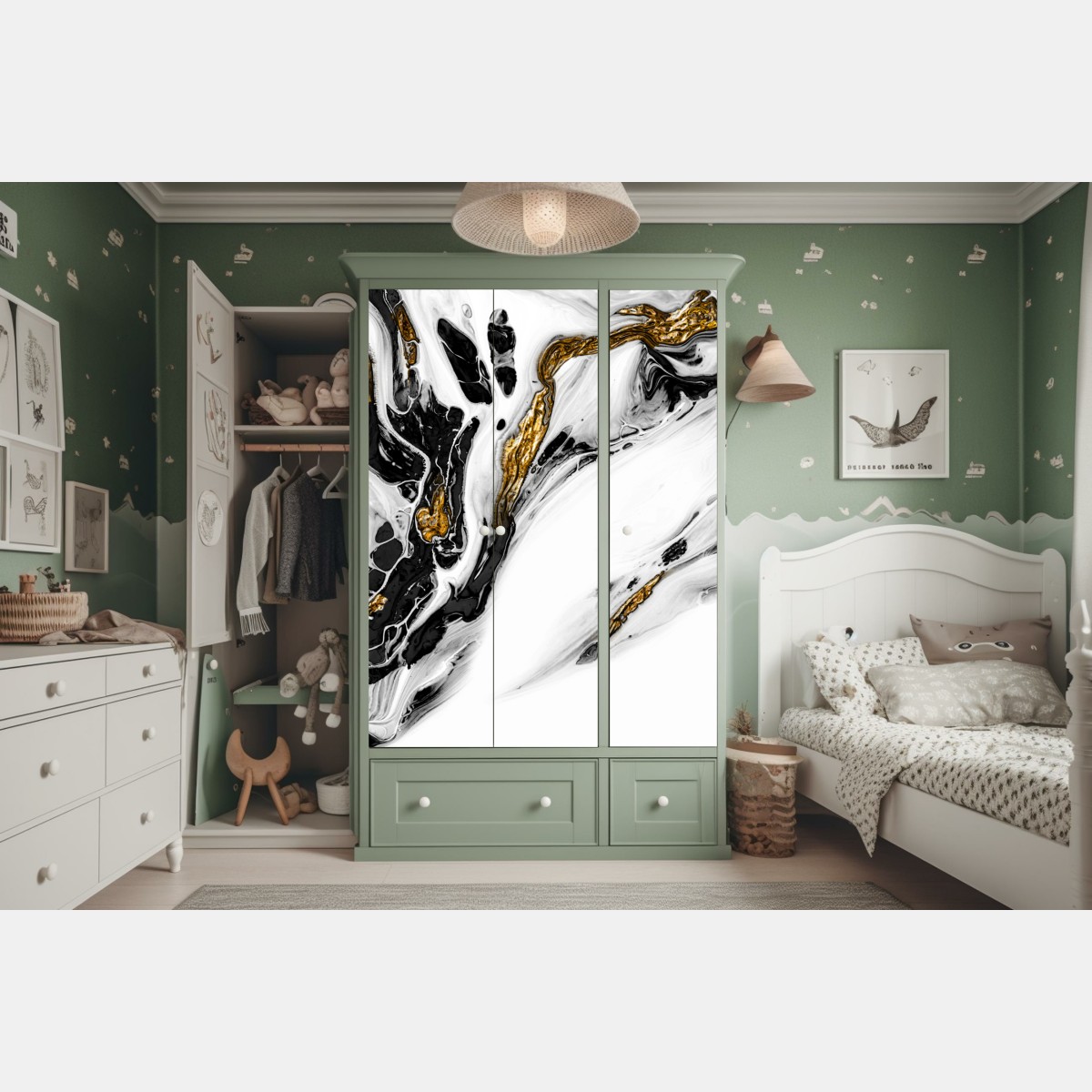 Naklejka na szafę czarno-biała abstrakcja ze złotymi żyłami – Wallissimo® Naklejka na szafę czarno-biała abstrakcja ze złotymi żyłami – Wallissimo®