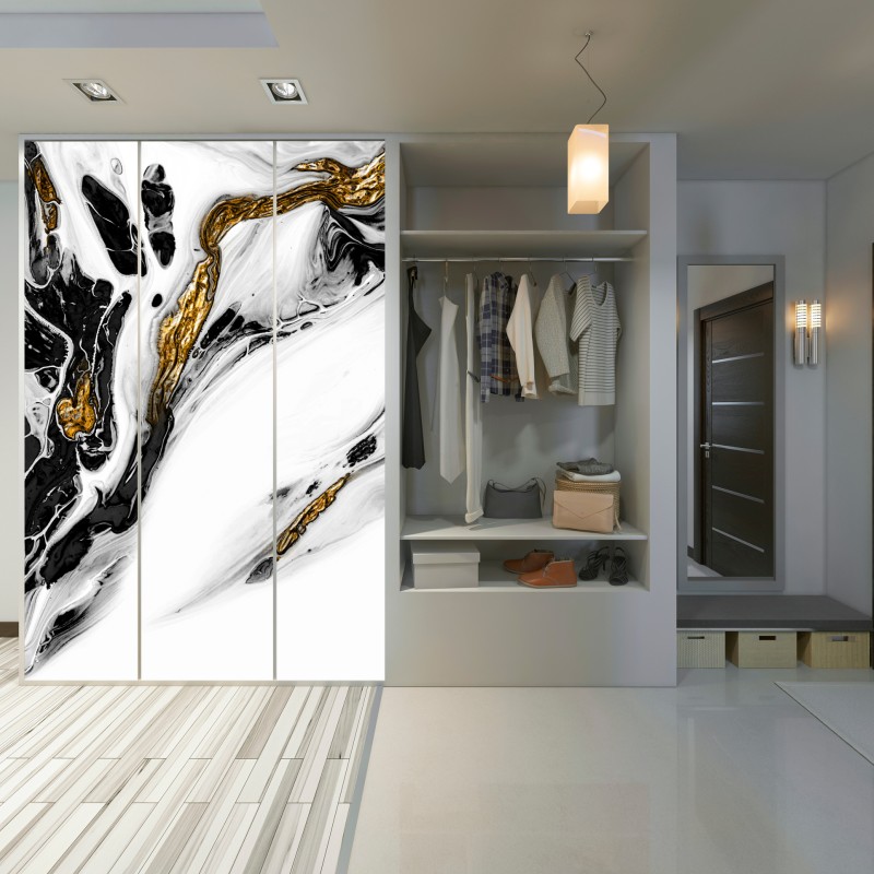 Naklejka na szafę czarno-biała abstrakcja ze złotymi żyłami – Wallissimo® Naklejka na szafę czarno-biała abstrakcja ze złotymi żyłami – Wallissimo®