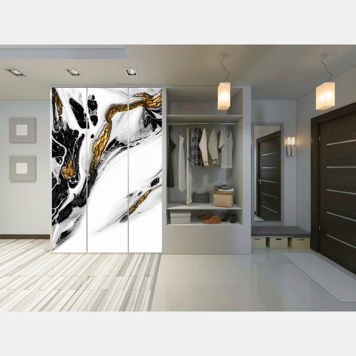 Naklejka na szafę czarno-biała abstrakcja ze złotymi żyłami – Wallissimo® Naklejka na szafę czarno-biała abstrakcja ze złotymi żyłami – Wallissimo®