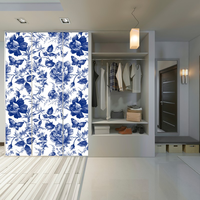 Naklejka na szafę niebieski kwiatowy wzór toile – Wallissimo® Naklejka na szafę niebieski kwiatowy wzór toile – Wallissimo®