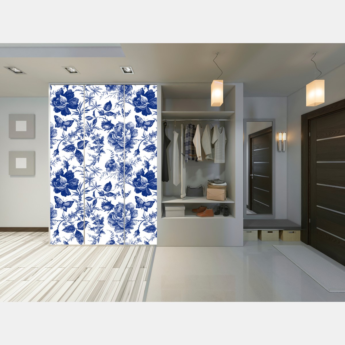 Naklejka na szafę niebieski kwiatowy wzór toile – Wallissimo® Naklejka na szafę niebieski kwiatowy wzór toile – Wallissimo®