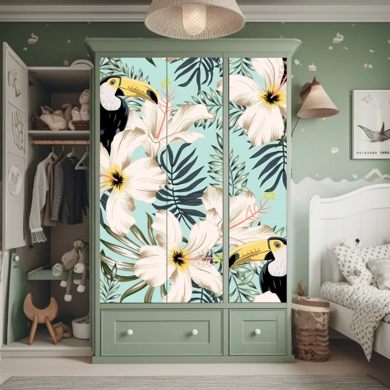 Naklejka na szafę różowa papuga i chryzantema - botaniczny motyw – Wallissimo®