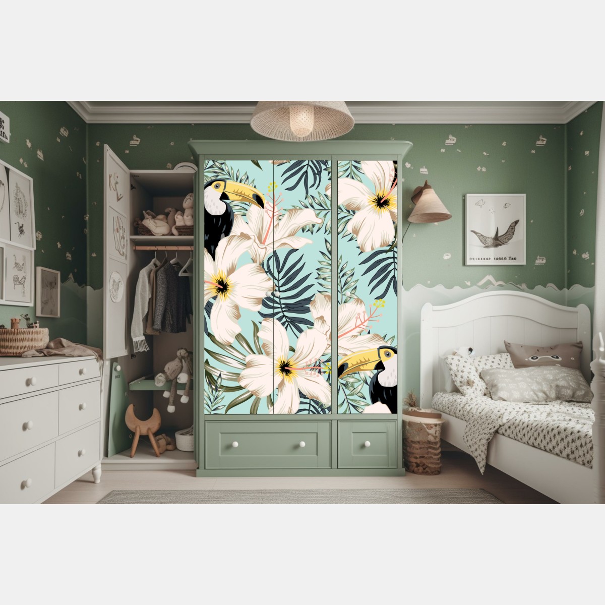 Naklejka na szafę tropikalny wzór z tukanem i kwiatami – Wallissimo® Naklejka na szafę tropikalny wzór z tukanem i kwiatami – Wallissimo®