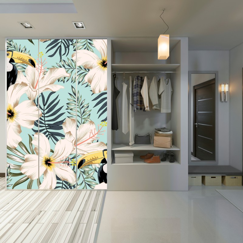Naklejka na szafę tropikalny wzór z tukanem i kwiatami – Wallissimo® Naklejka na szafę tropikalny wzór z tukanem i kwiatami – Wallissimo®