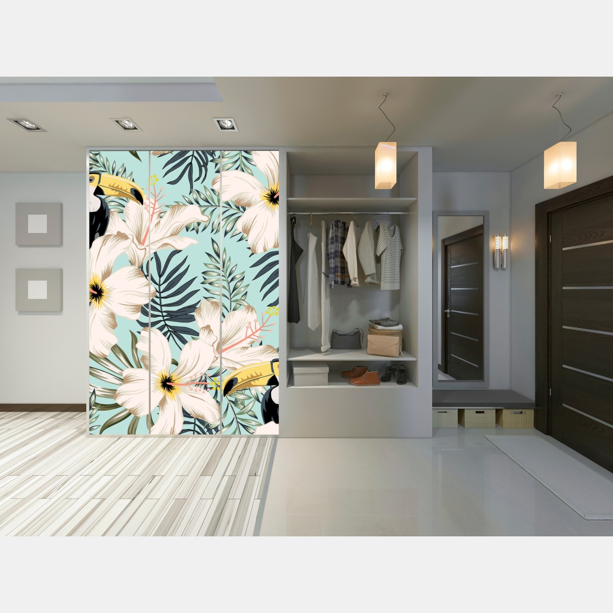 Naklejka na szafę tropikalny wzór z tukanem i kwiatami – Wallissimo® Naklejka na szafę tropikalny wzór z tukanem i kwiatami – Wallissimo®