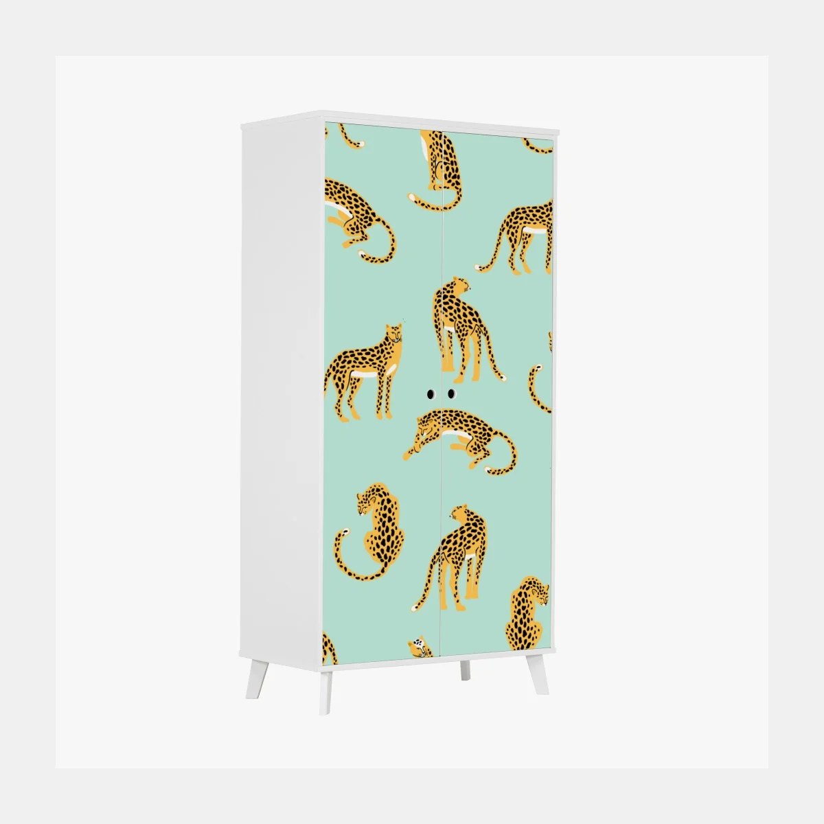 Naklejka na szafę zabawny wzór gepardów na turkusowym tle – Wallissimo® Naklejka na szafę zabawny wzór gepardów na turkusowym tle – Wallissimo®