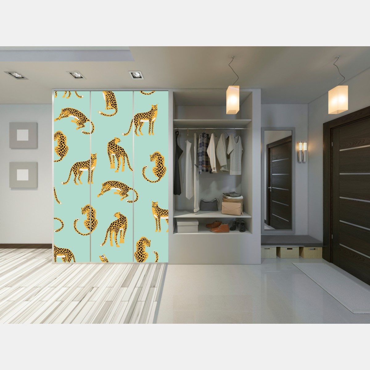 Naklejka na szafę zabawny wzór gepardów na turkusowym tle – Wallissimo® Naklejka na szafę zabawny wzór gepardów na turkusowym tle – Wallissimo®