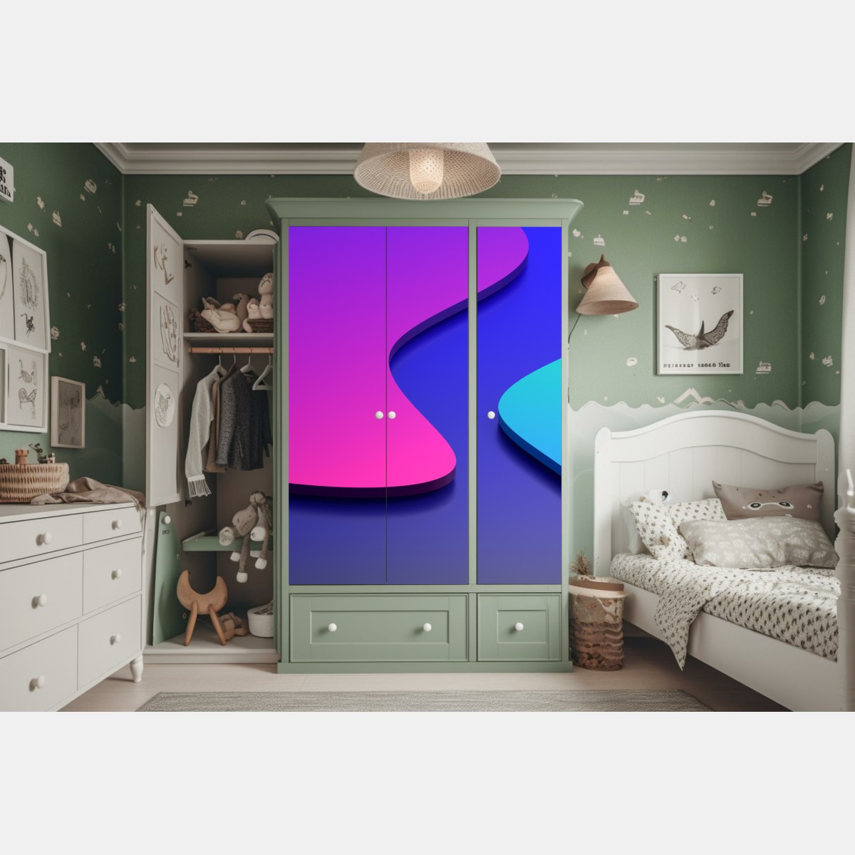 Naklejka na szafę wibrujące fioletowo-niebieskie abstrakcyjne kształty 3d – Wallissimo® Naklejka na szafę wibrujące fioletowo-niebieskie abstrakcyjne kształty 3d – Wallissimo®