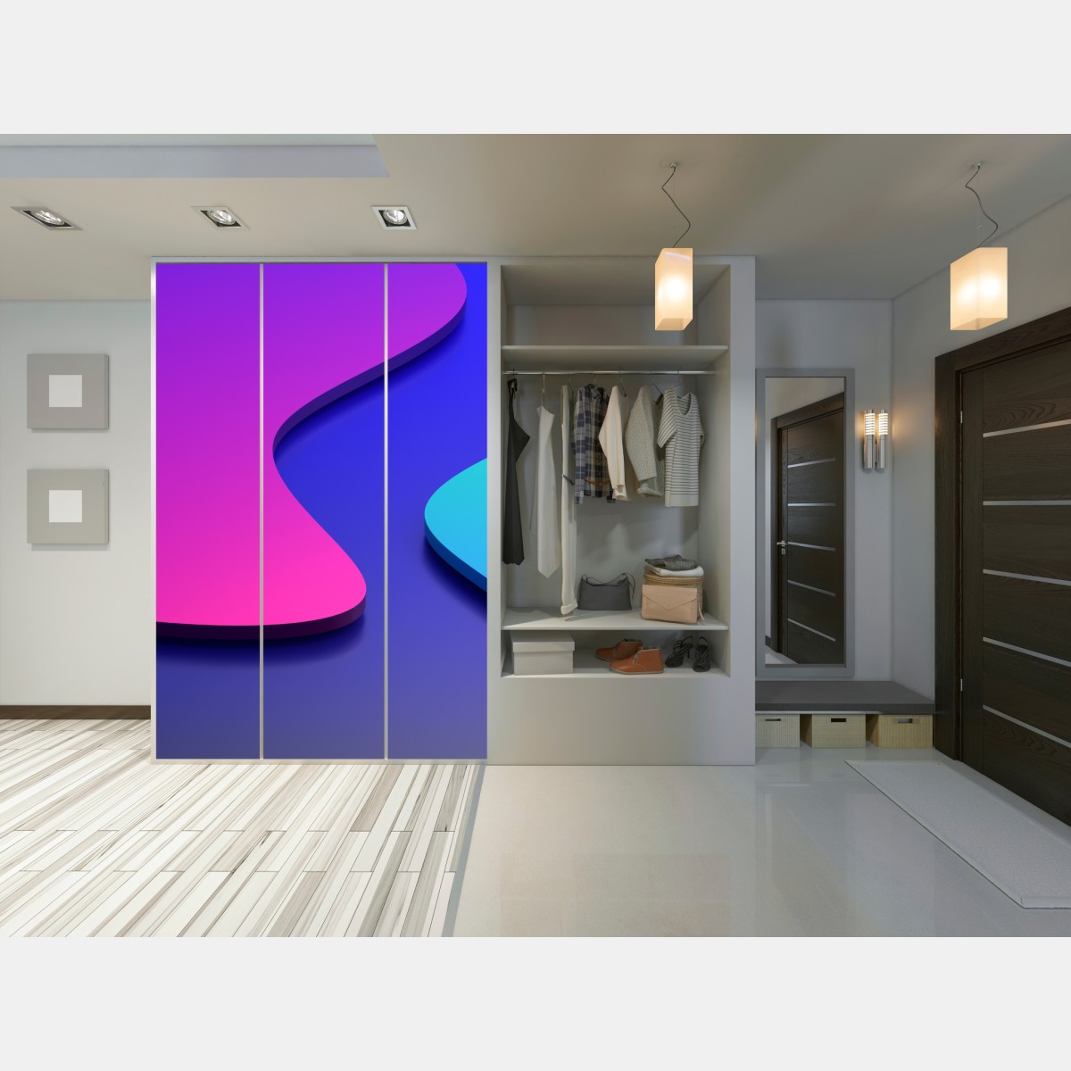 Naklejka na szafę wibrujące fioletowo-niebieskie abstrakcyjne kształty 3d – Wallissimo® Naklejka na szafę wibrujące fioletowo-niebieskie abstrakcyjne kształty 3d – Wallissimo®