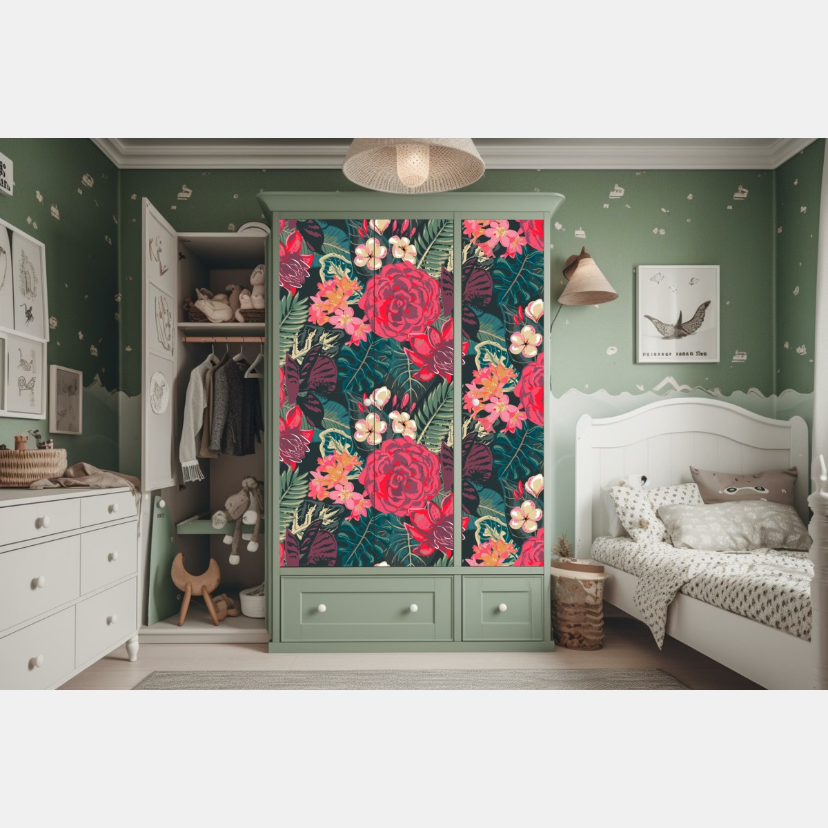 Naklejka na szafę tropikalny wzór kwiatowy w różu i turkusie – Wallissimo® Naklejka na szafę tropikalny wzór kwiatowy w różu i turkusie – Wallissimo®