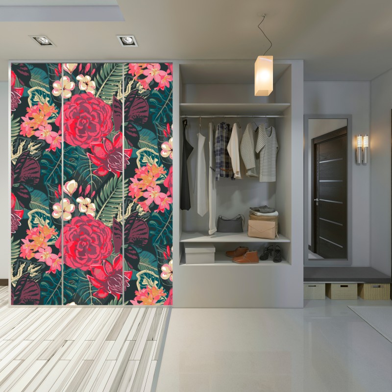 Naklejka na szafę tropikalny wzór kwiatowy w różu i turkusie – Wallissimo® Naklejka na szafę tropikalny wzór kwiatowy w różu i turkusie – Wallissimo®