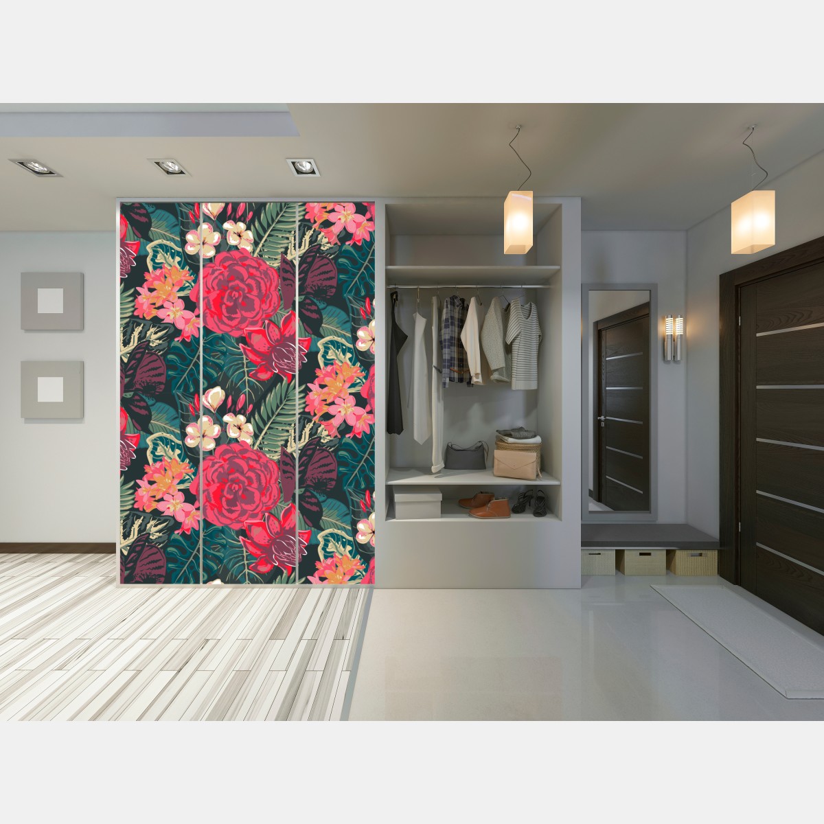 Naklejka na szafę tropikalny wzór kwiatowy w różu i turkusie – Wallissimo® Naklejka na szafę tropikalny wzór kwiatowy w różu i turkusie – Wallissimo®