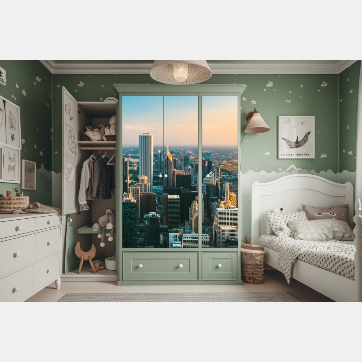 Naklejka na szafę Chicago panorama miasta o zachodzie słońca – Wallissimo® Naklejka na szafę Chicago panorama miasta o zachodzie słońca – Wallissimo®