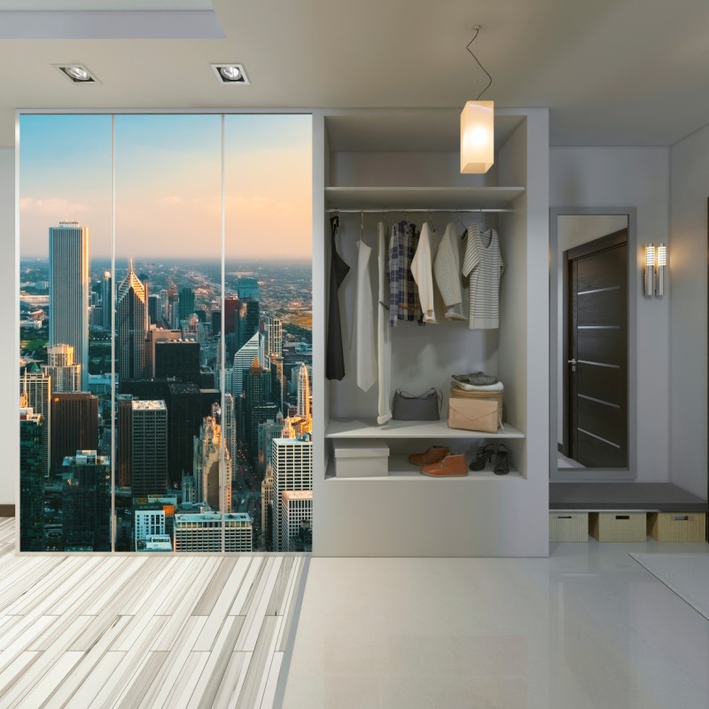 Naklejka na szafę Chicago panorama miasta o zachodzie słońca – Wallissimo® Naklejka na szafę Chicago panorama miasta o zachodzie słońca – Wallissimo®