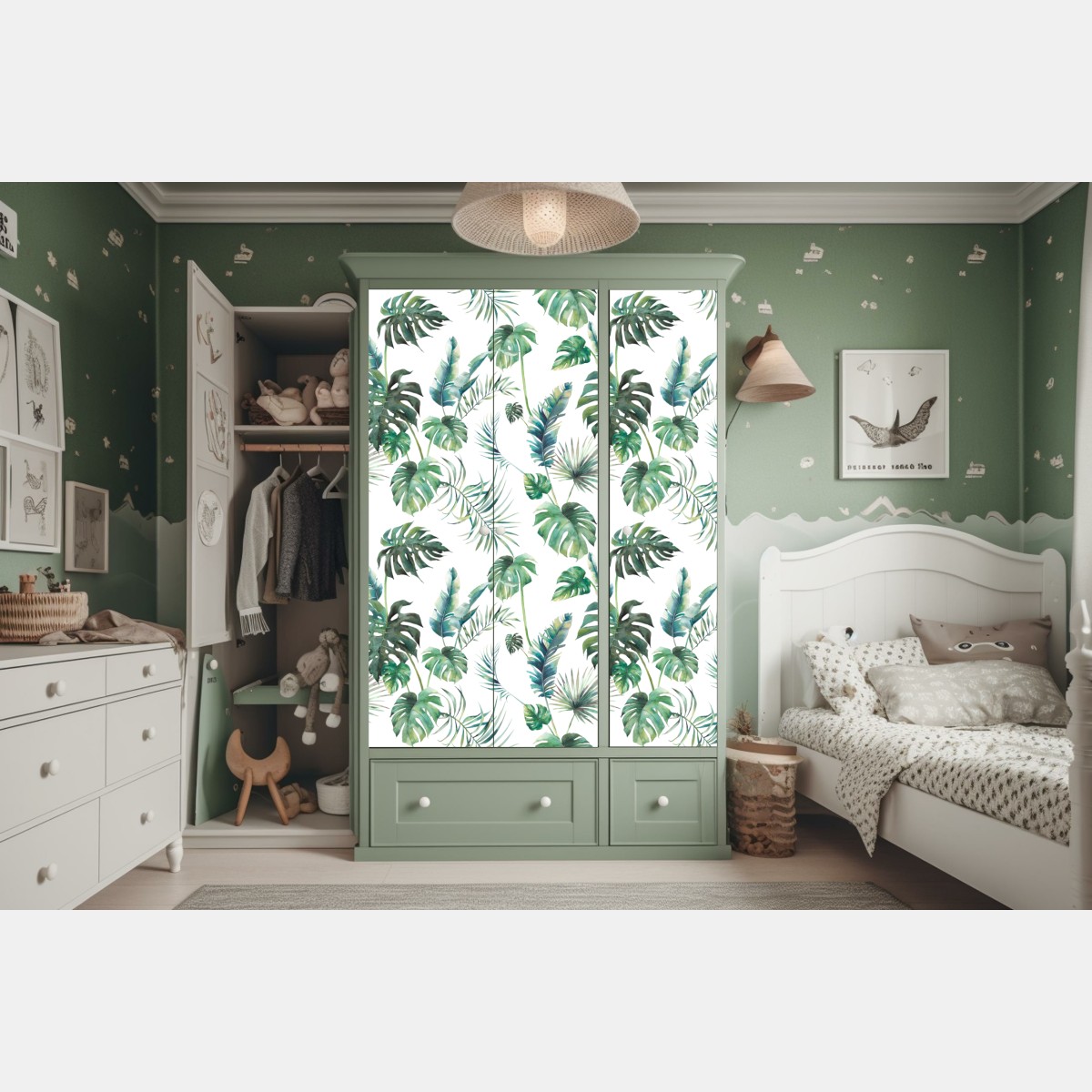 Naklejka na szafę akwarelowy wzór tropikalnych liści – Wallissimo® Naklejka na szafę akwarelowy wzór tropikalnych liści – Wallissimo®