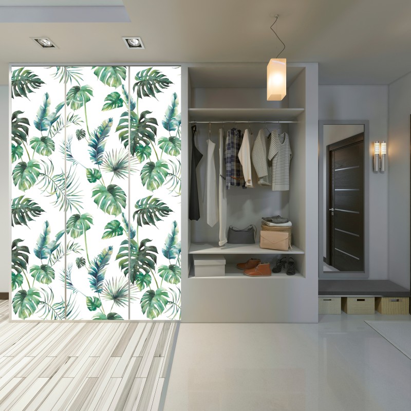 Naklejka na szafę akwarelowy wzór tropikalnych liści – Wallissimo® Naklejka na szafę akwarelowy wzór tropikalnych liści – Wallissimo®
