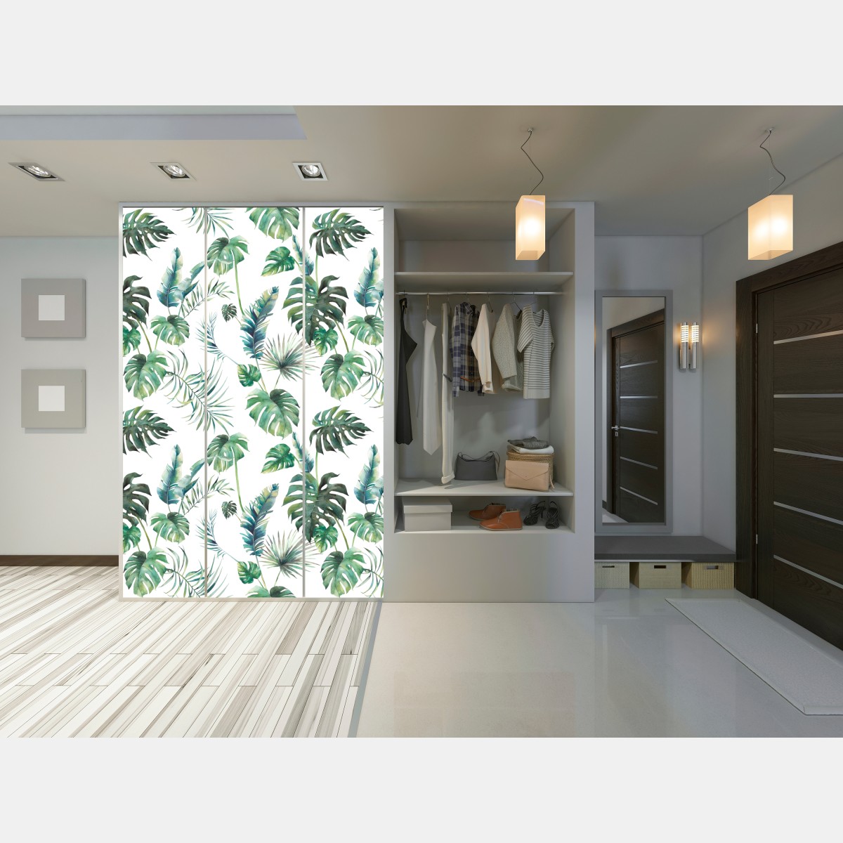 Naklejka na szafę akwarelowy wzór tropikalnych liści – Wallissimo® Naklejka na szafę akwarelowy wzór tropikalnych liści – Wallissimo®