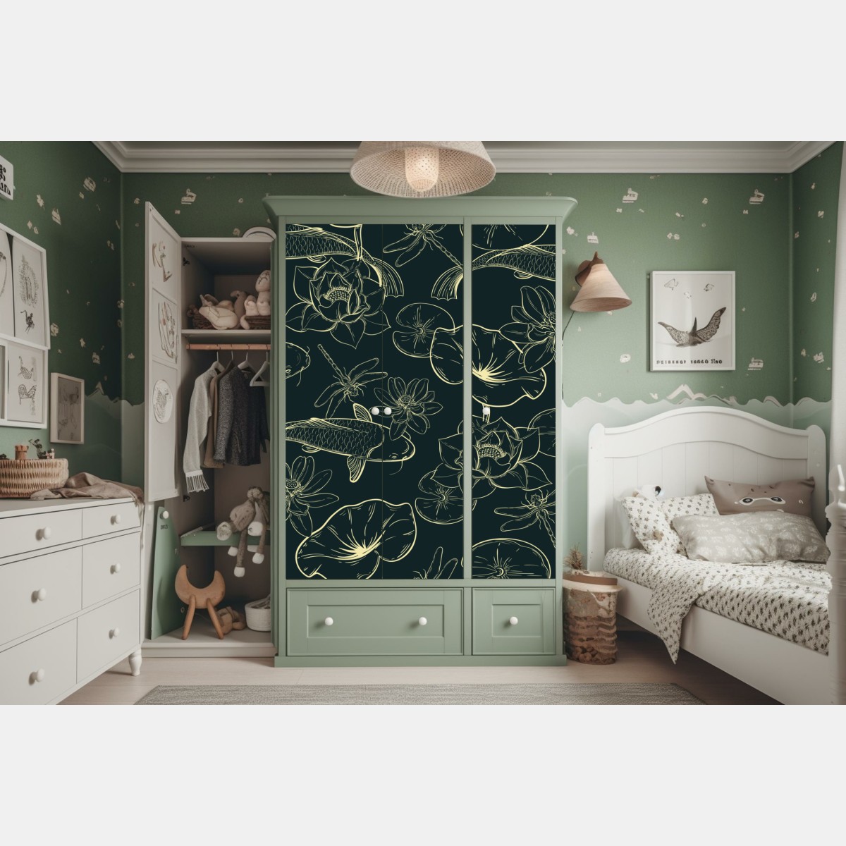 Naklejka na szafę ręcznie rysowany wzór koi i lotosu – Wallissimo® Naklejka na szafę ręcznie rysowany wzór koi i lotosu – Wallissimo®