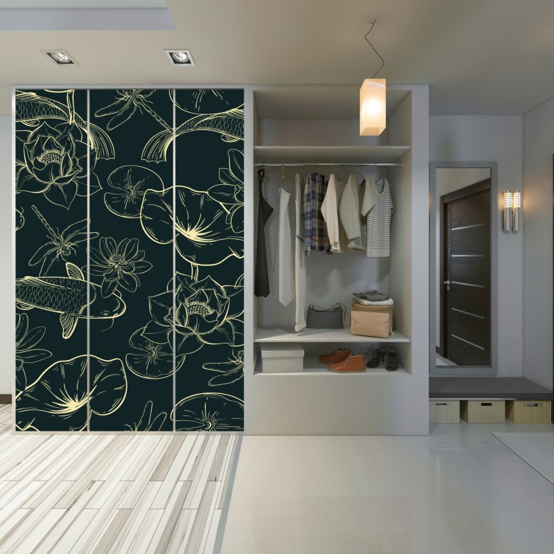 Naklejka na szafę ręcznie rysowany wzór koi i lotosu – Wallissimo® Naklejka na szafę ręcznie rysowany wzór koi i lotosu – Wallissimo®