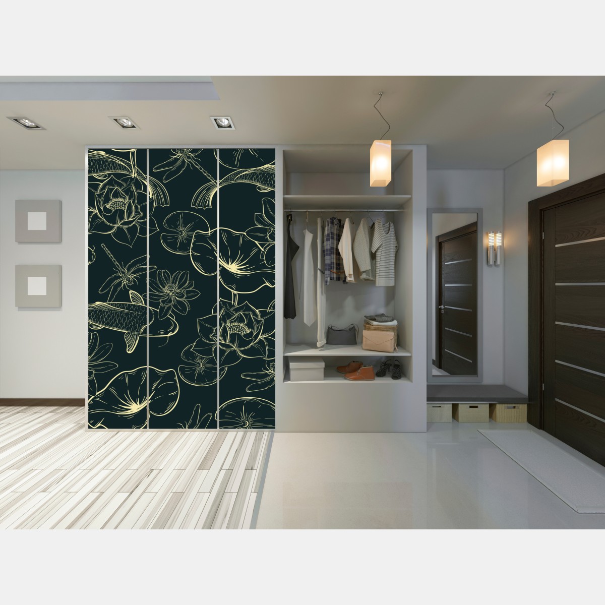 Naklejka na szafę ręcznie rysowany wzór koi i lotosu – Wallissimo® Naklejka na szafę ręcznie rysowany wzór koi i lotosu – Wallissimo®