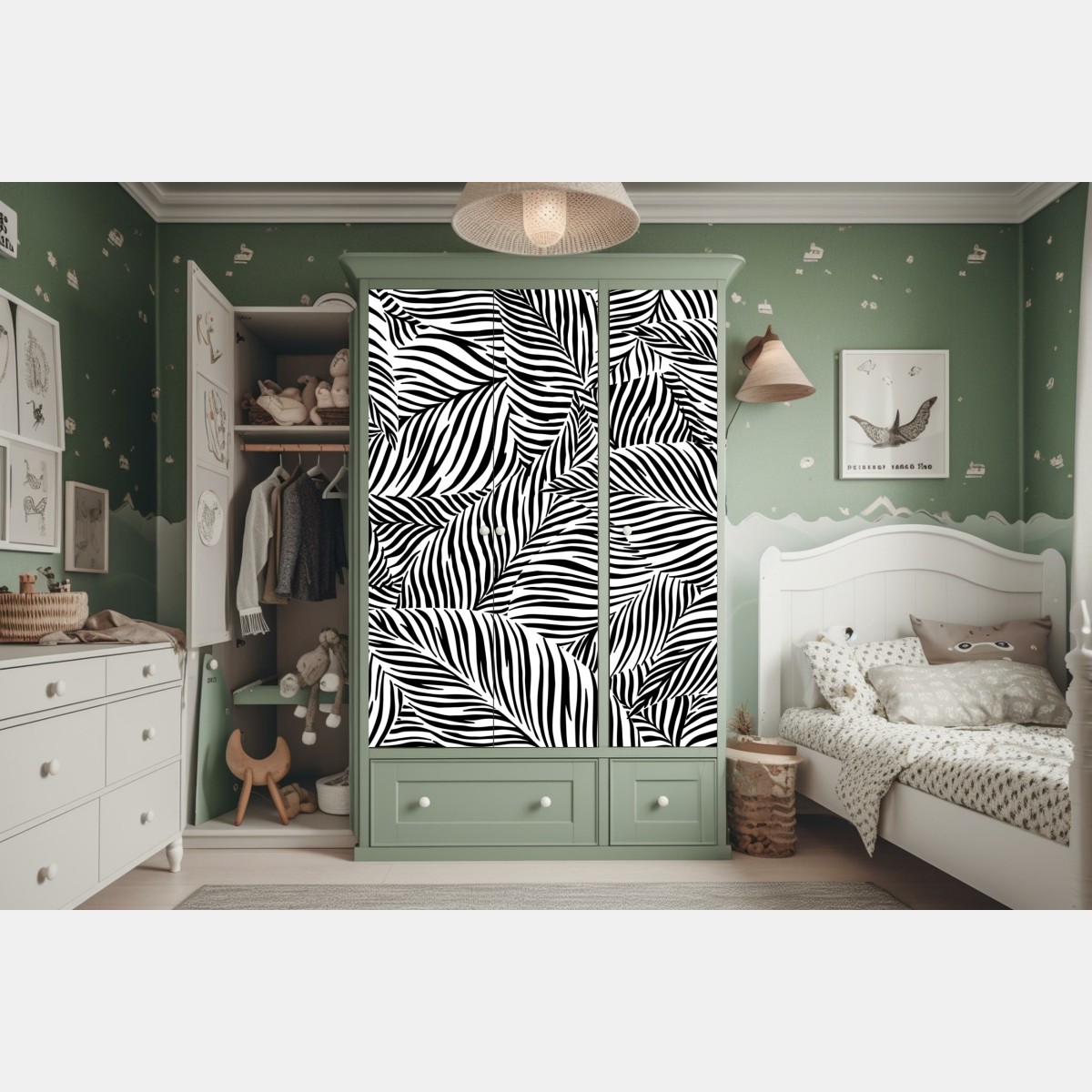 Naklejka na szafę monochromatyczny wzór tropikalnych liści – Wallissimo® Naklejka na szafę monochromatyczny wzór tropikalnych liści – Wallissimo®
