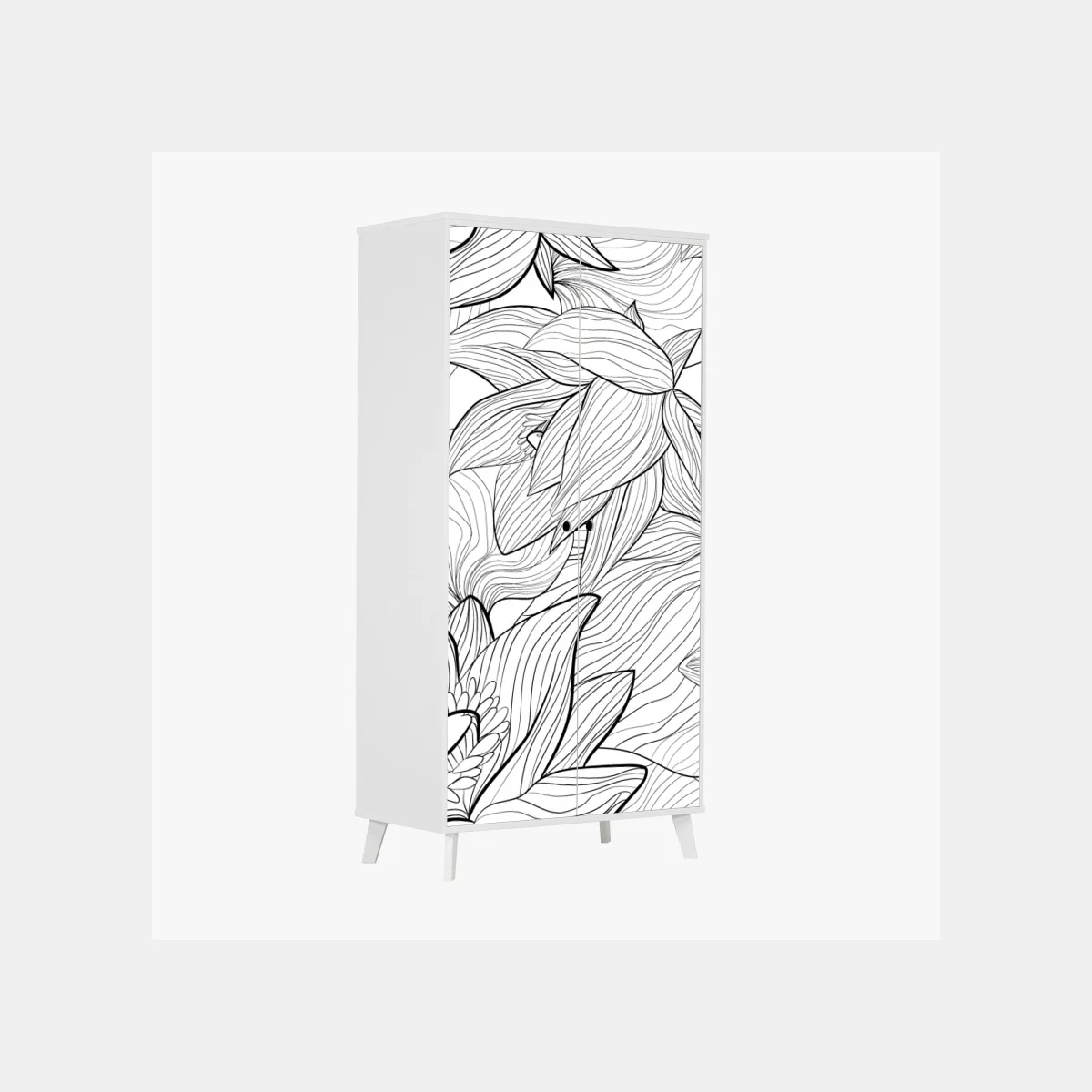 Naklejka na szafę delikatny rysunek lotosu w czerni i bieli – Wallissimo® Naklejka na szafę delikatny rysunek lotosu w czerni i bieli – Wallissimo®