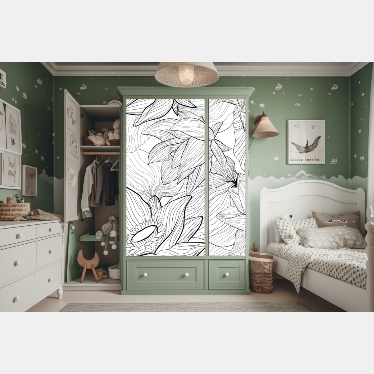 Naklejka na szafę delikatny rysunek lotosu w czerni i bieli – Wallissimo® Naklejka na szafę delikatny rysunek lotosu w czerni i bieli – Wallissimo®