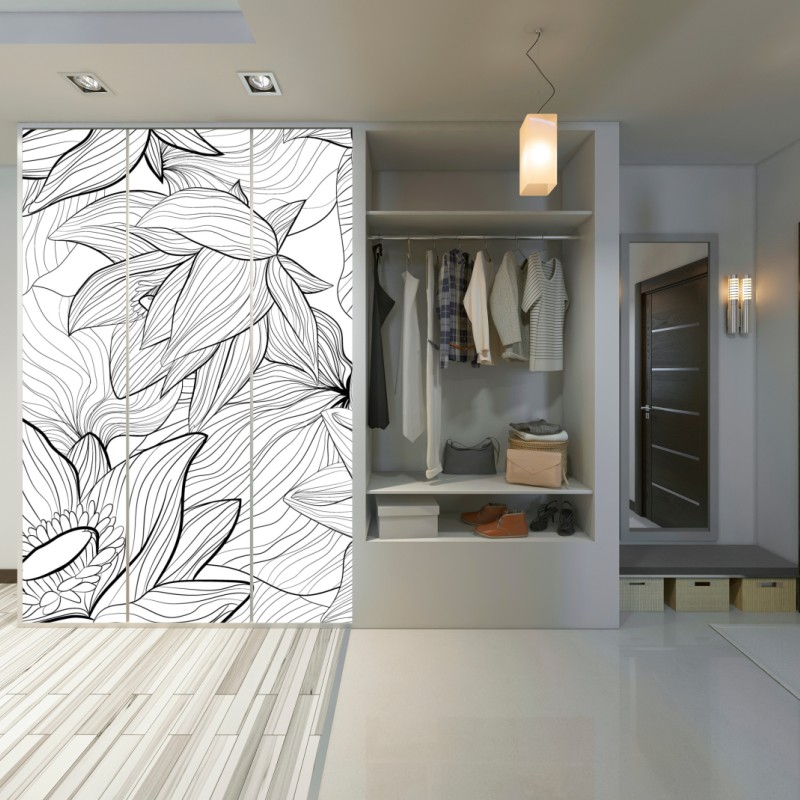 Naklejka na szafę delikatny rysunek lotosu w czerni i bieli – Wallissimo® Naklejka na szafę delikatny rysunek lotosu w czerni i bieli – Wallissimo®