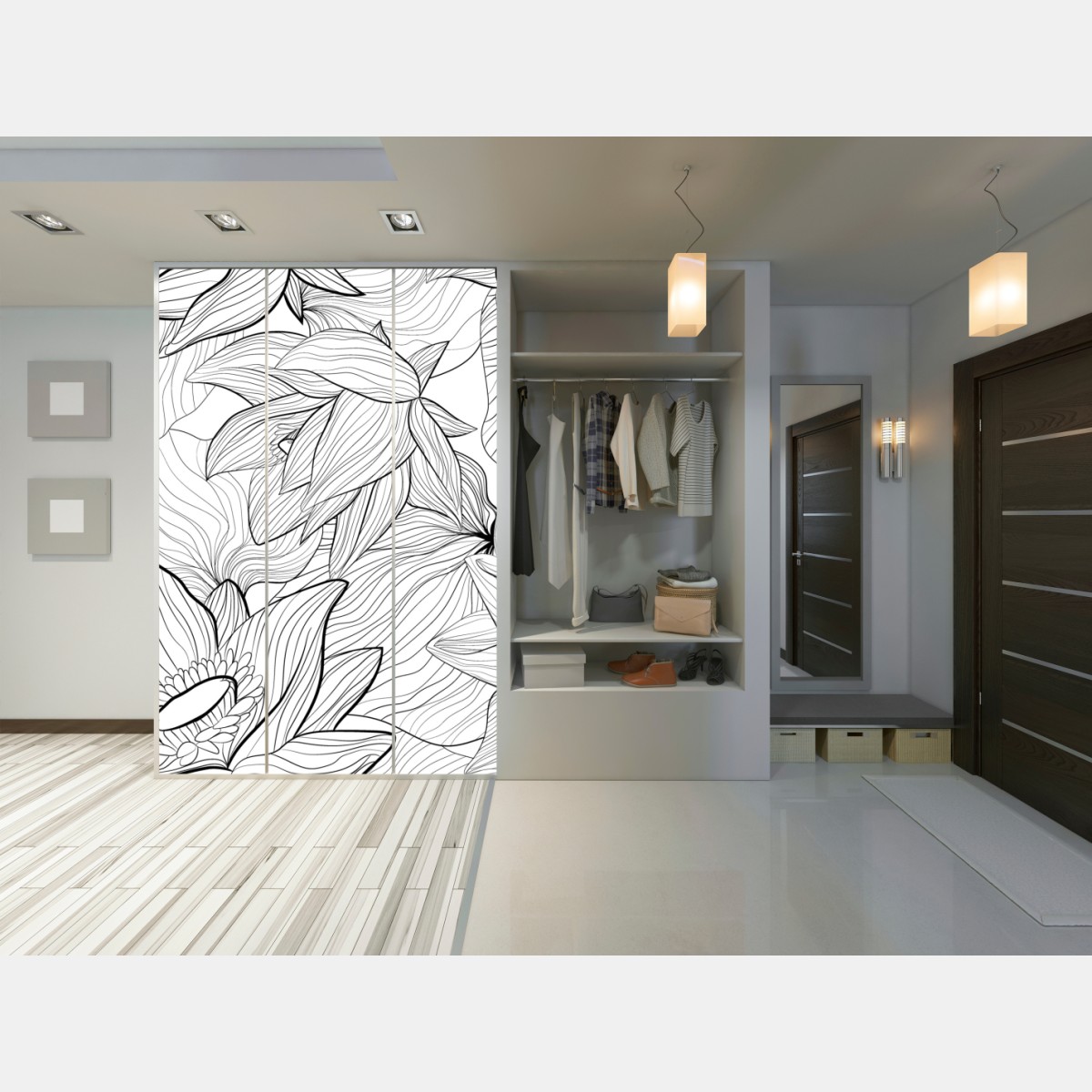 Naklejka na szafę delikatny rysunek lotosu w czerni i bieli – Wallissimo® Naklejka na szafę delikatny rysunek lotosu w czerni i bieli – Wallissimo®
