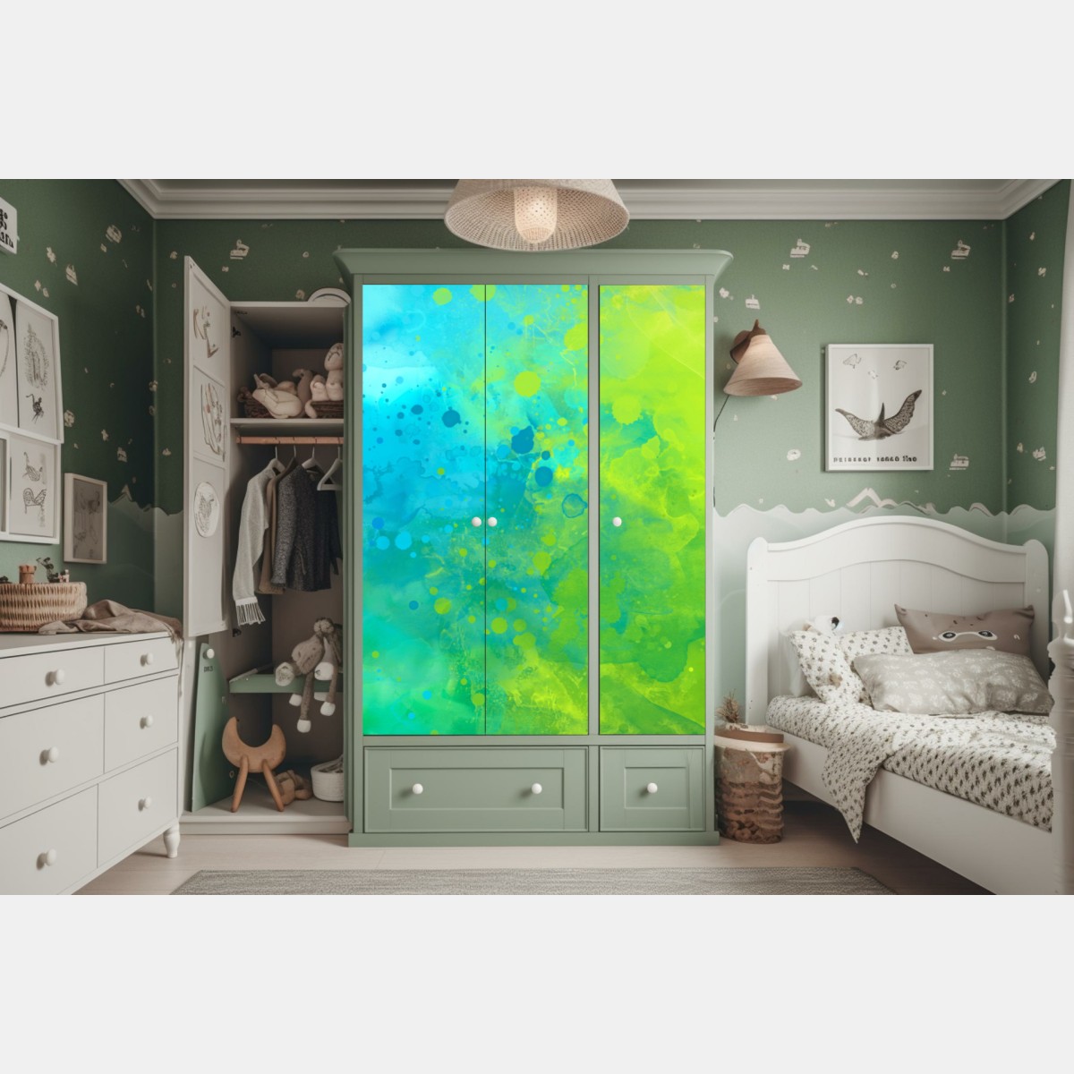 Naklejka na szafę intensywna turkusowa akwarela z akcentem limonkowym – Wallissimo® Naklejka na szafę intensywna turkusowa akwarela z akcentem limonkowym – Wallissimo®