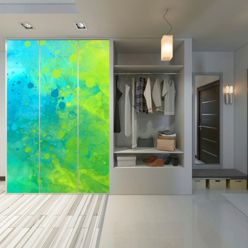 Naklejka na szafę intensywna turkusowa akwarela z akcentem limonkowym – Wallissimo® Naklejka na szafę intensywna turkusowa akwarela z akcentem limonkowym – Wallissimo®