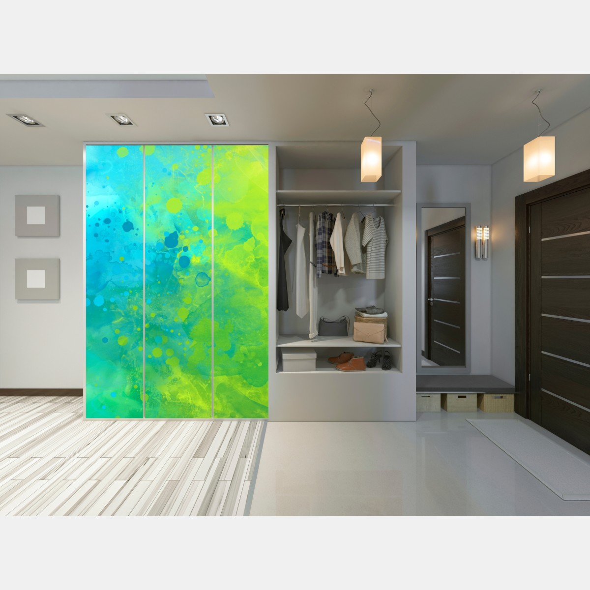 Naklejka na szafę intensywna turkusowa akwarela z akcentem limonkowym – Wallissimo® Naklejka na szafę intensywna turkusowa akwarela z akcentem limonkowym – Wallissimo®