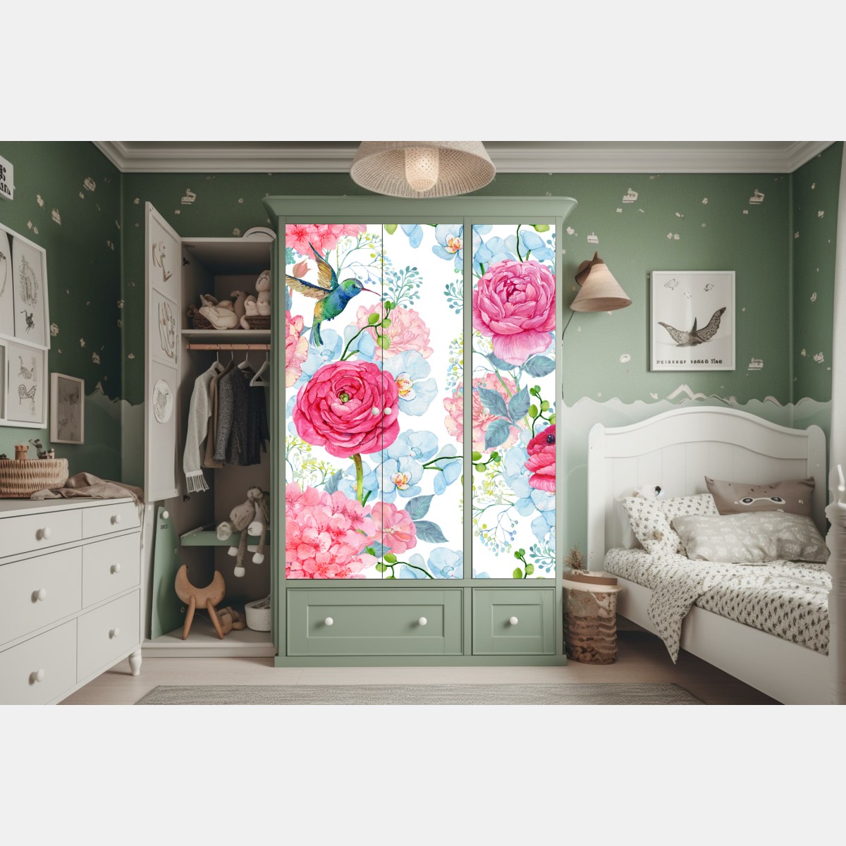 Naklejka na szafę różany akwarelowy ogród z kolibrem – Wallissimo® Naklejka na szafę różany akwarelowy ogród z kolibrem – Wallissimo®