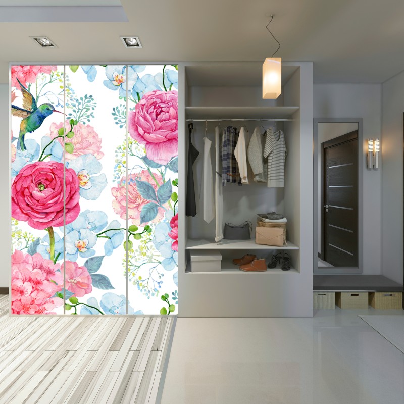 Naklejka na szafę różany akwarelowy ogród z kolibrem – Wallissimo® Naklejka na szafę różany akwarelowy ogród z kolibrem – Wallissimo®