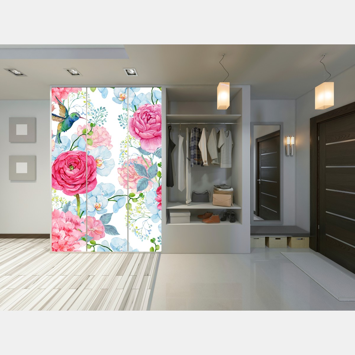 Naklejka na szafę różany akwarelowy ogród z kolibrem – Wallissimo® Naklejka na szafę różany akwarelowy ogród z kolibrem – Wallissimo®