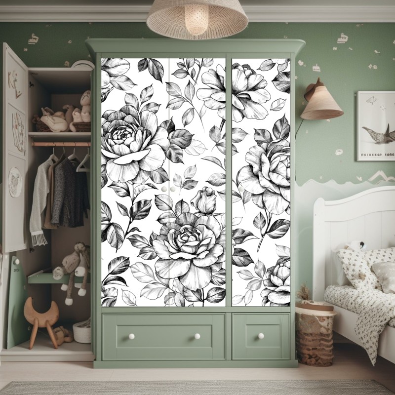 Naklejka na szafę ręcznie rysowany wzór róż – Wallissimo® Naklejka na szafę ręcznie rysowany wzór róż – Wallissimo®