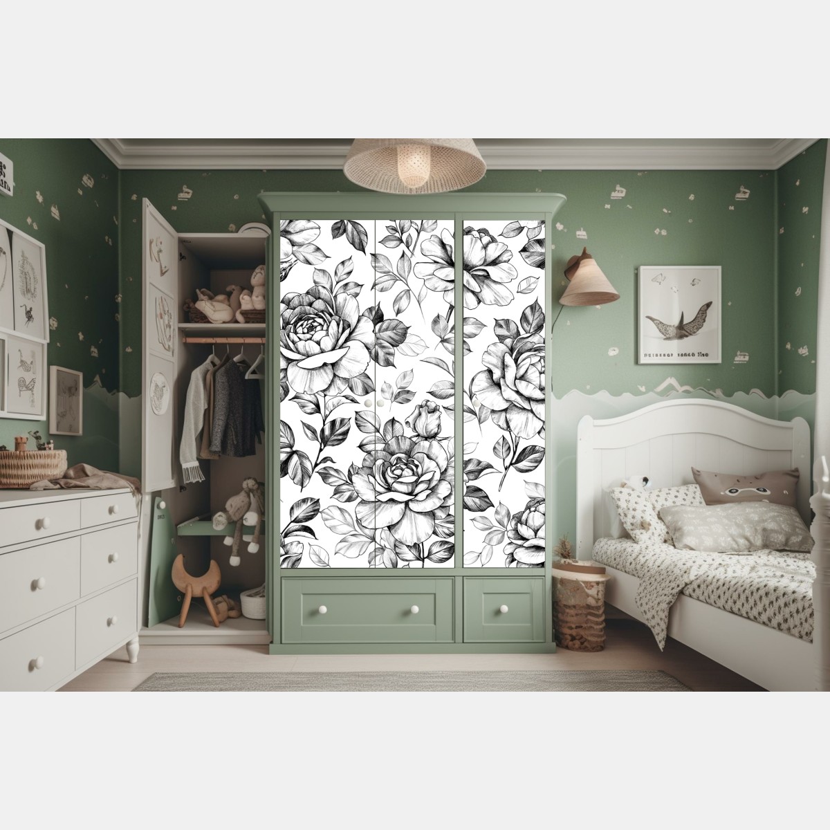 Naklejka na szafę ręcznie rysowany wzór róż – Wallissimo® Naklejka na szafę ręcznie rysowany wzór róż – Wallissimo®