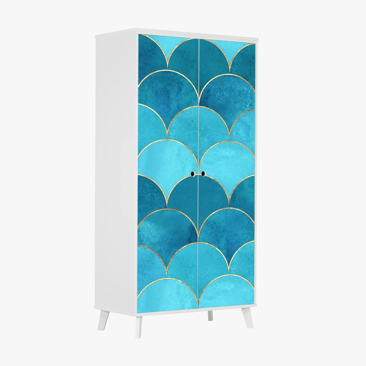 Naklejka na szafę turkusowy wzór łusek z złotymi detalami – Wallissimo® Naklejka na szafę turkusowy wzór łusek z złotymi detalami – Wallissimo®