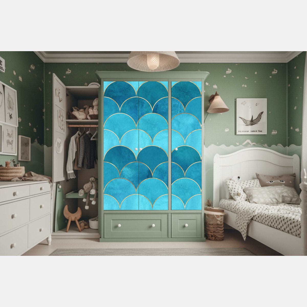 Naklejka na szafę turkusowy wzór łusek z złotymi detalami – Wallissimo® Naklejka na szafę turkusowy wzór łusek z złotymi detalami – Wallissimo®