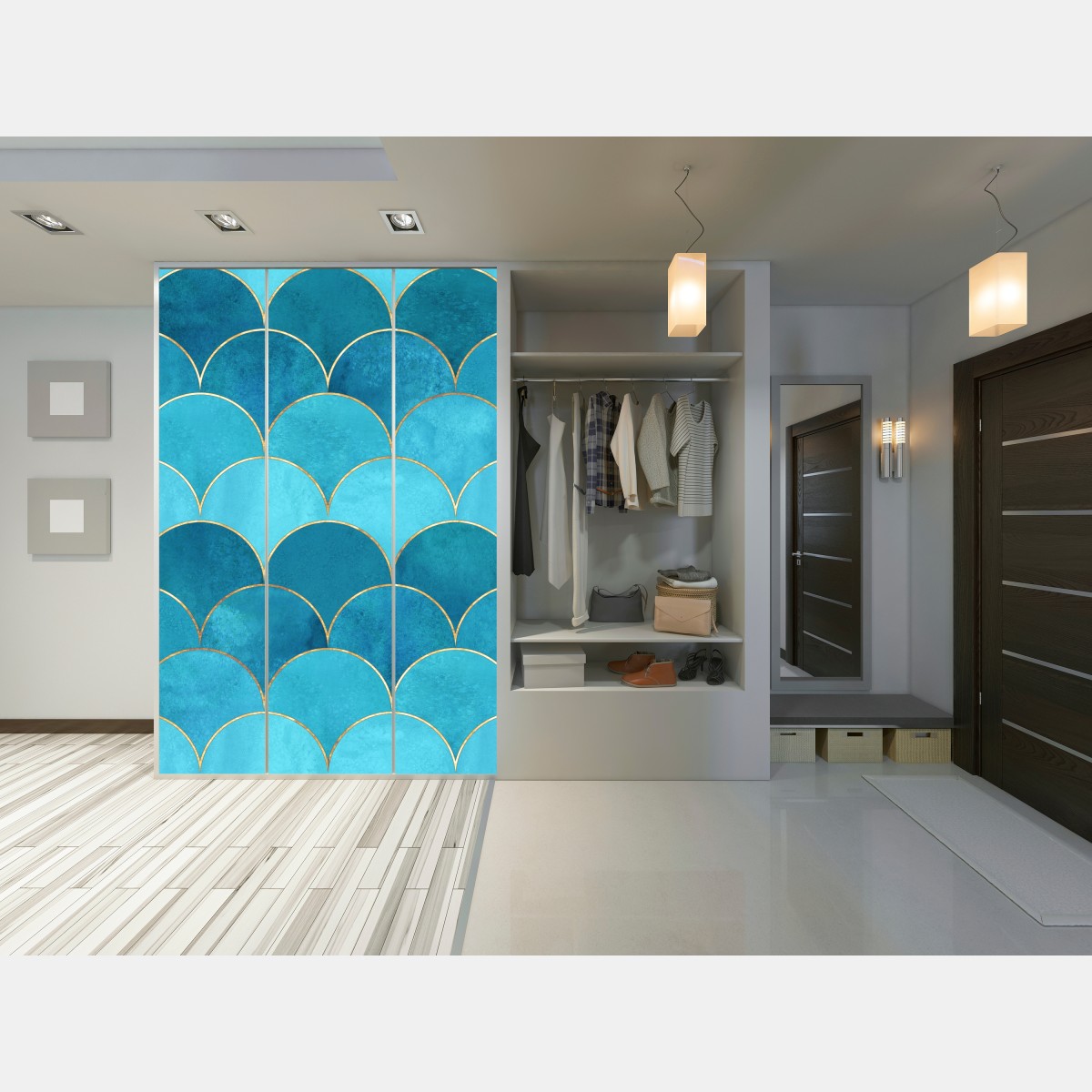 Naklejka na szafę turkusowy wzór łusek z złotymi detalami – Wallissimo® Naklejka na szafę turkusowy wzór łusek z złotymi detalami – Wallissimo®