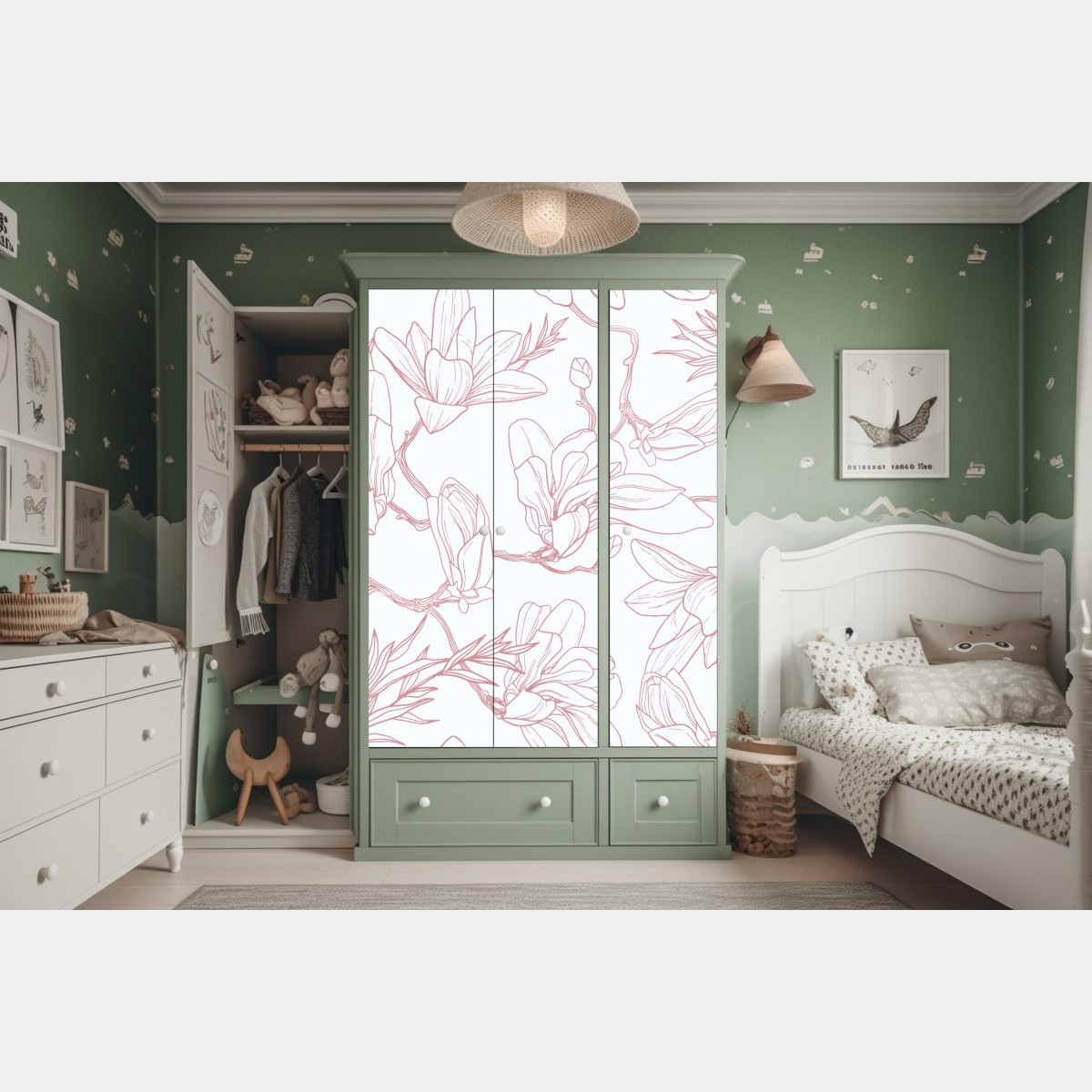 Naklejka na szafę delikatny wzór magnolii w miękkim różu – Wallissimo® Naklejka na szafę delikatny wzór magnolii w miękkim różu – Wallissimo®