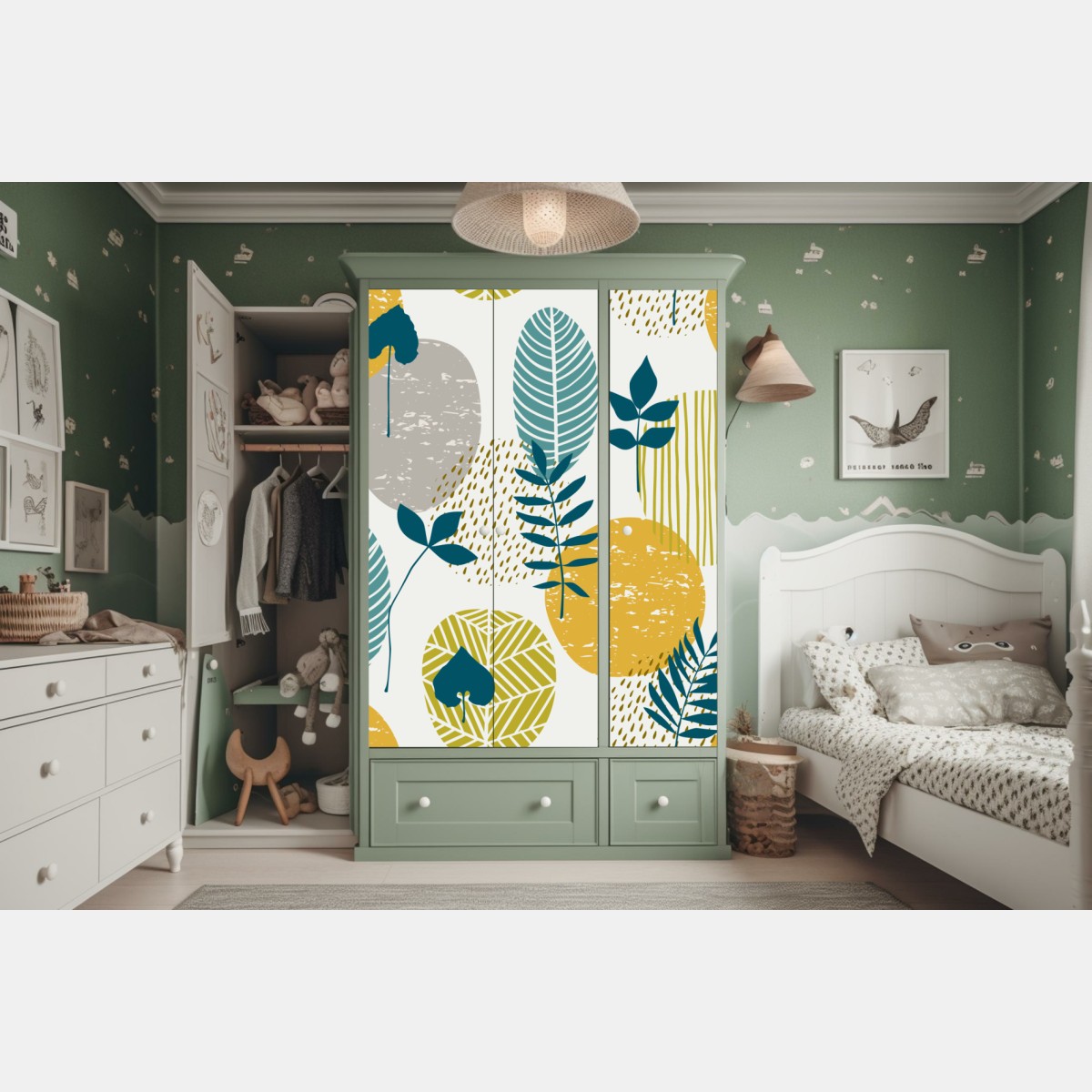 Naklejka na szafę turkusowo-musztardowy botaniczny wzór – Wallissimo® Naklejka na szafę turkusowo-musztardowy botaniczny wzór – Wallissimo®