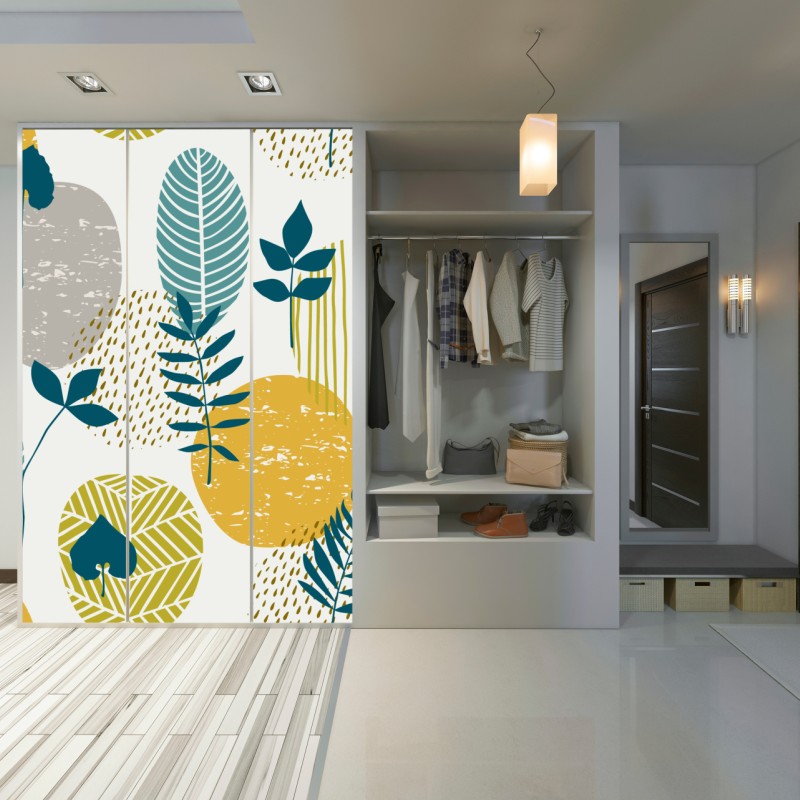 Naklejka na szafę turkusowo-musztardowy botaniczny wzór – Wallissimo® Naklejka na szafę turkusowo-musztardowy botaniczny wzór – Wallissimo®