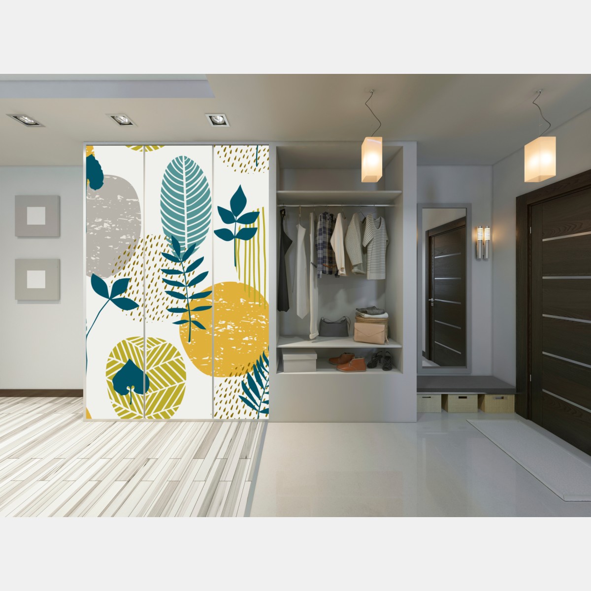 Naklejka na szafę turkusowo-musztardowy botaniczny wzór – Wallissimo® Naklejka na szafę turkusowo-musztardowy botaniczny wzór – Wallissimo®