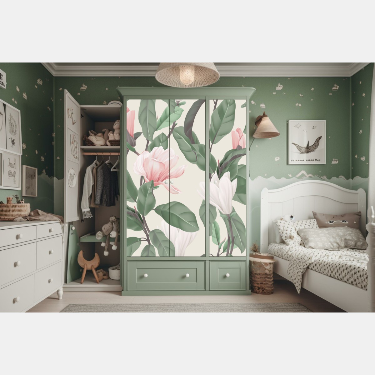 Naklejka na szafę pastelowy wzór z magnolią – Wallissimo® Naklejka na szafę pastelowy wzór z magnolią – Wallissimo®